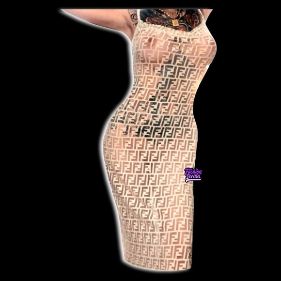 Vintage Fendi Monogram Logo FF Zucca Dress (nude) Sheer Nylon Lace - Picture 3 of 15